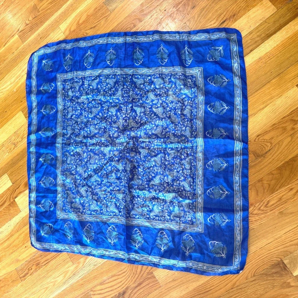 Eastern Hand Woven 100% Silk Scarf Royal Blue Floral Paisley Made in India